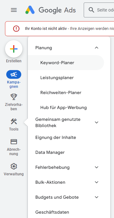 Der Keyword Planner im Google Ads Interface