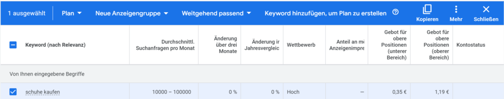 Keywords zu Google Ads hinzufügen aus dem Google Keyword Planner