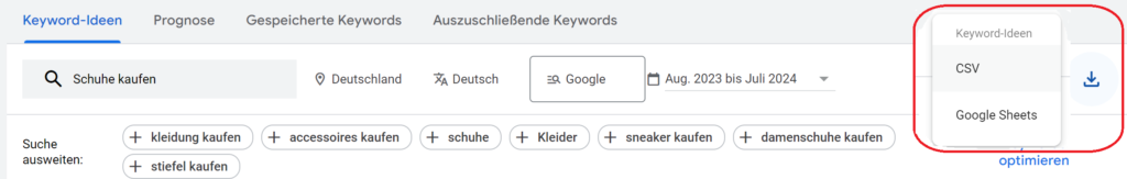 Export Optionen für den Google Keyword Planner