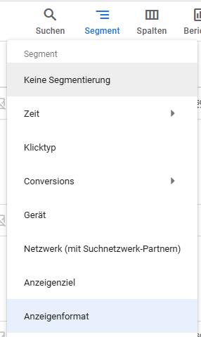 Screenshot von Google Ads Interface - das Menü um die Segmente einer Google Ads Demand Gen Kampagne zu analysieren